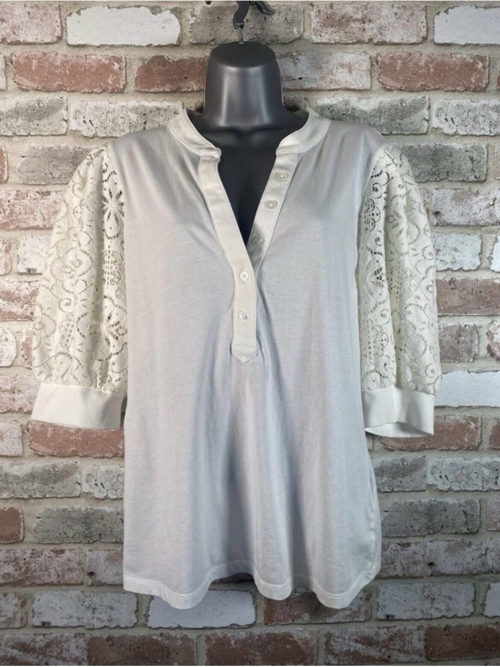 Veronica Beard Women's Cream Lace Sleeve Henley Top